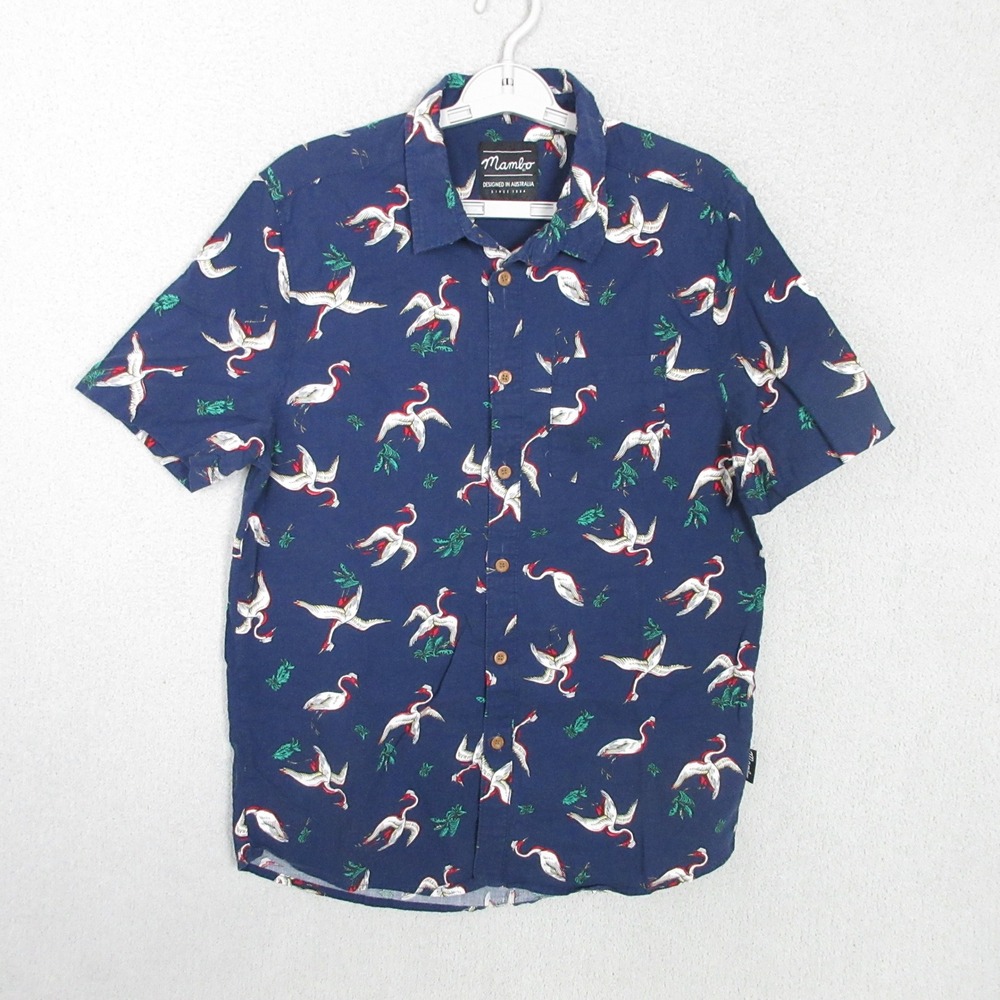 Mambo Australia Button Up Shirt Mens M Navy Blue Stork Bird Print Short Sleeve